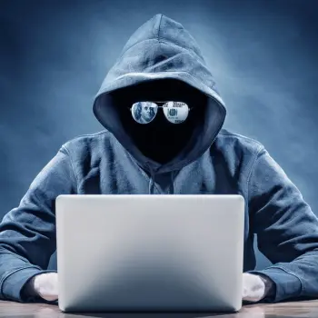 Suspicious man wearing balaclava, sunglasses and hoodie using a laptop